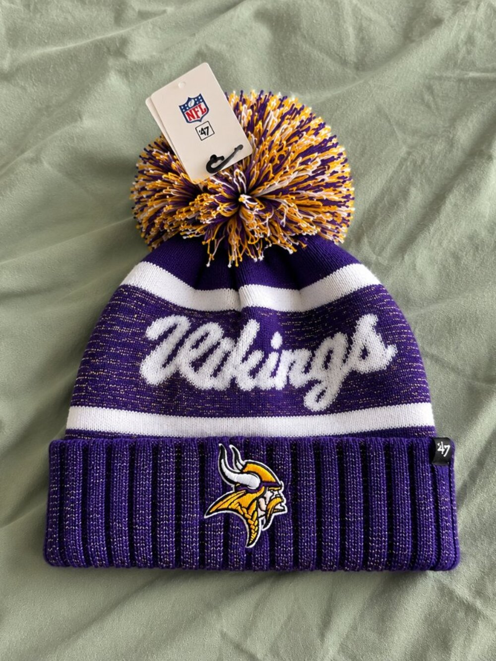 '47 Minnesota Vikings Women's Script Cuffed Pom Knit Beanie Purple NFL NWT